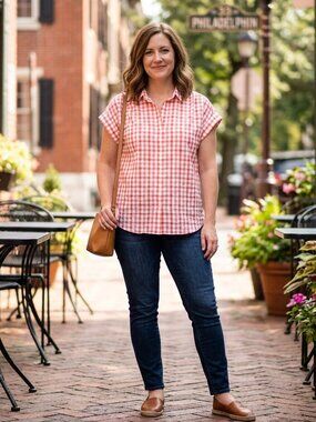 LOFT Red and White Gingham Button Down Short Sleeve Blouse Shirt Size L